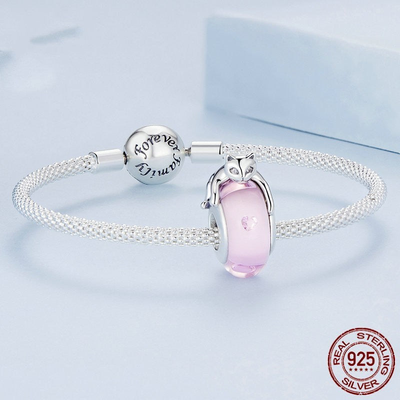925 Sterling Silver Glass Cat Beaded Bracelet