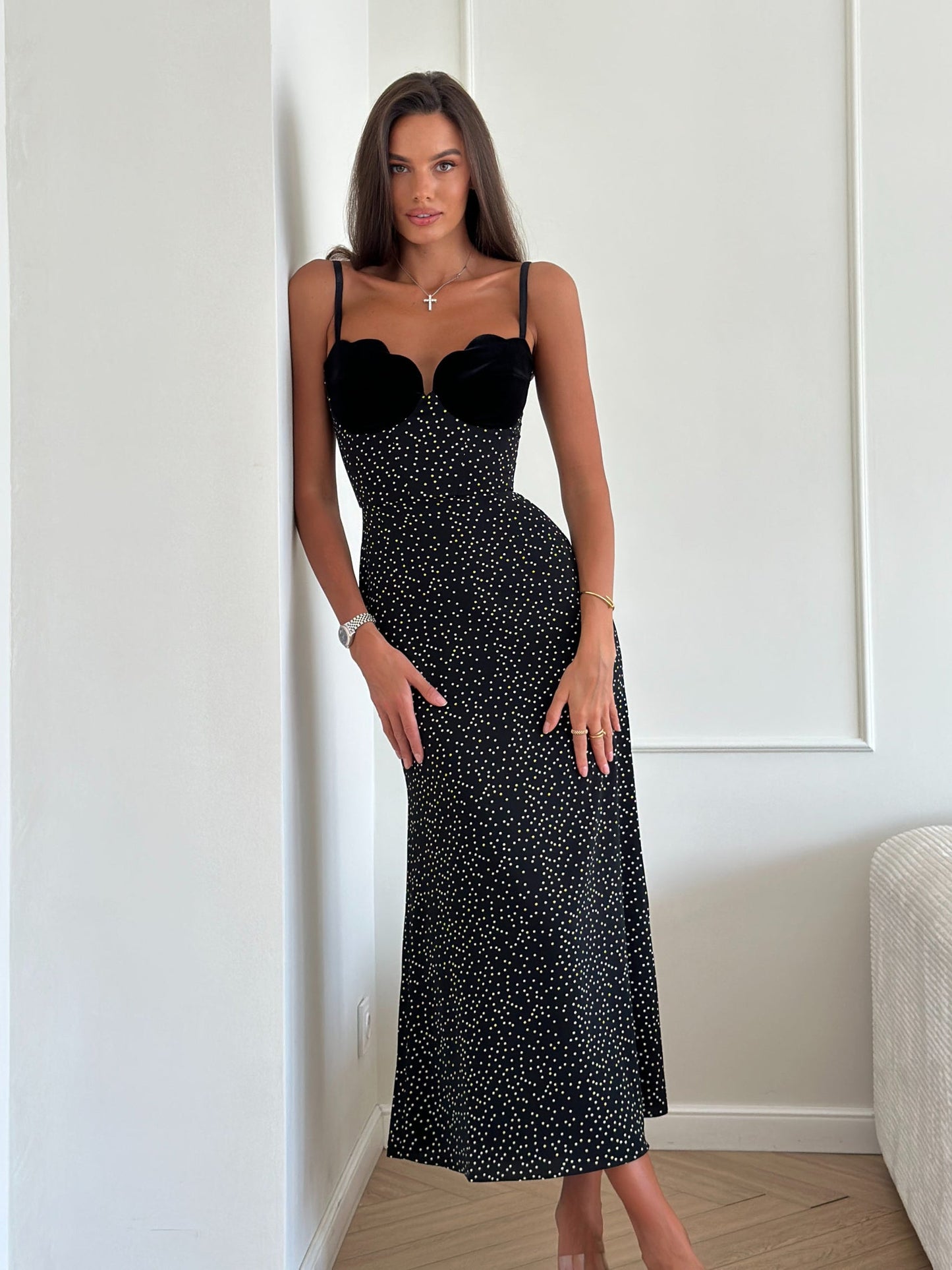 Velvet Patchwork Polka-dot Suspender Dress