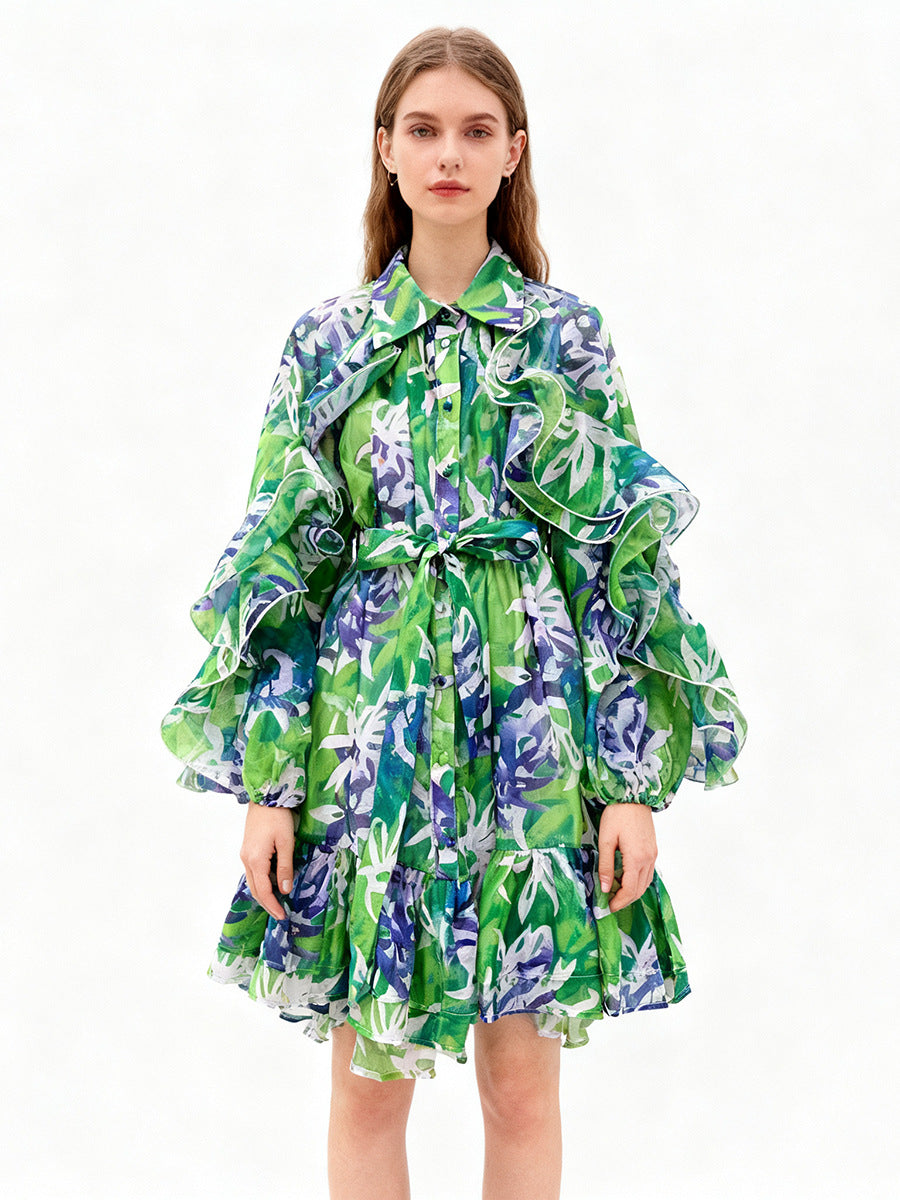 Single-breasted Stylish Tie-waist Collar Long-sleeved Dress