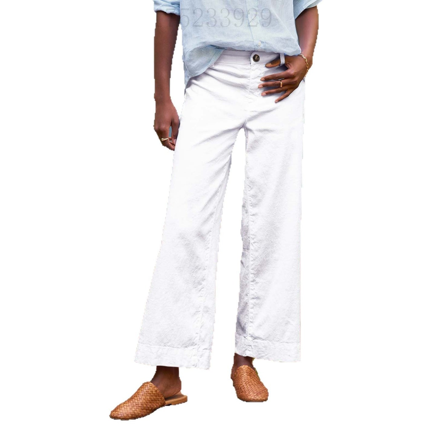 European And American Style High-Waisted Solid Color Cropped Flared Loose Wide-Leg Womens Trousers With Buttons
