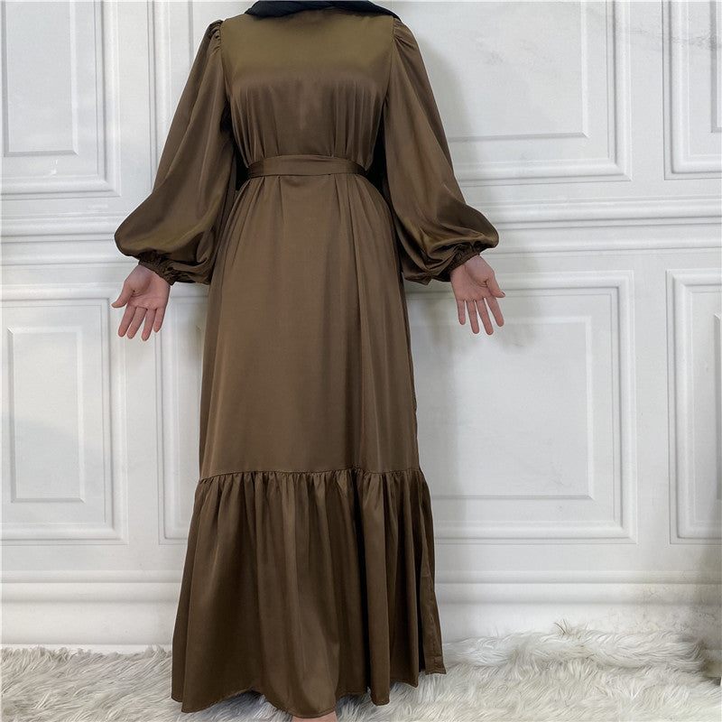 New Fashion Women's Patchwork Muslim Lace Up Solid Color Dress