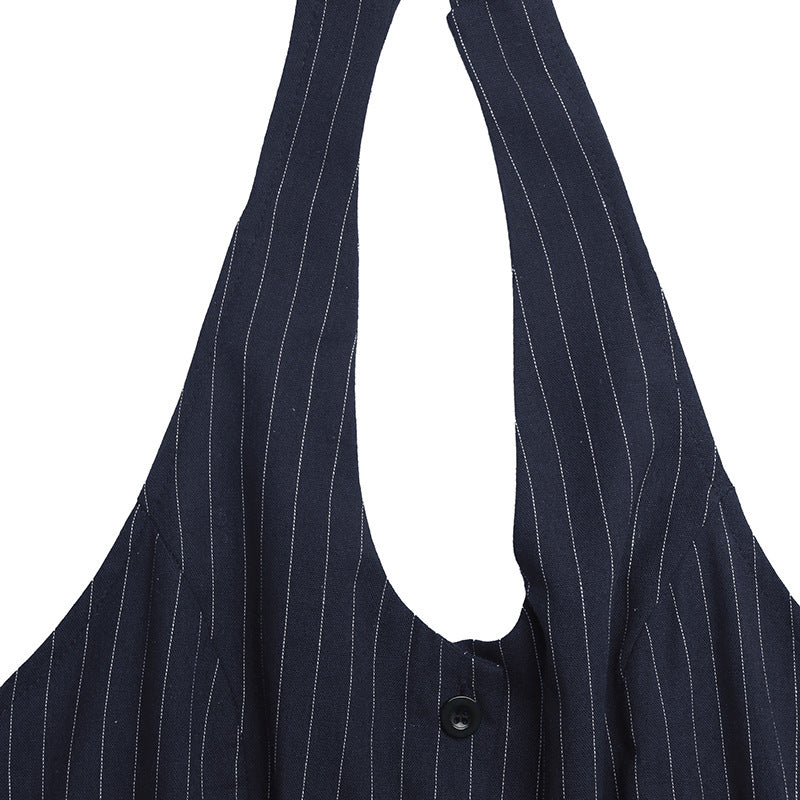 Navy Pinstripe Halter V Neck Button Front Wide Leg Jumpsuit