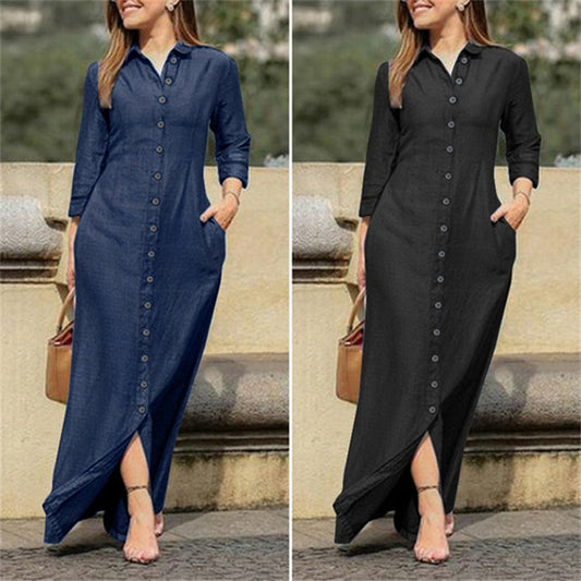 Womens Casual Button Down Denim Maxi Dress Long Sleeve Long Jean Dresses With Pockets