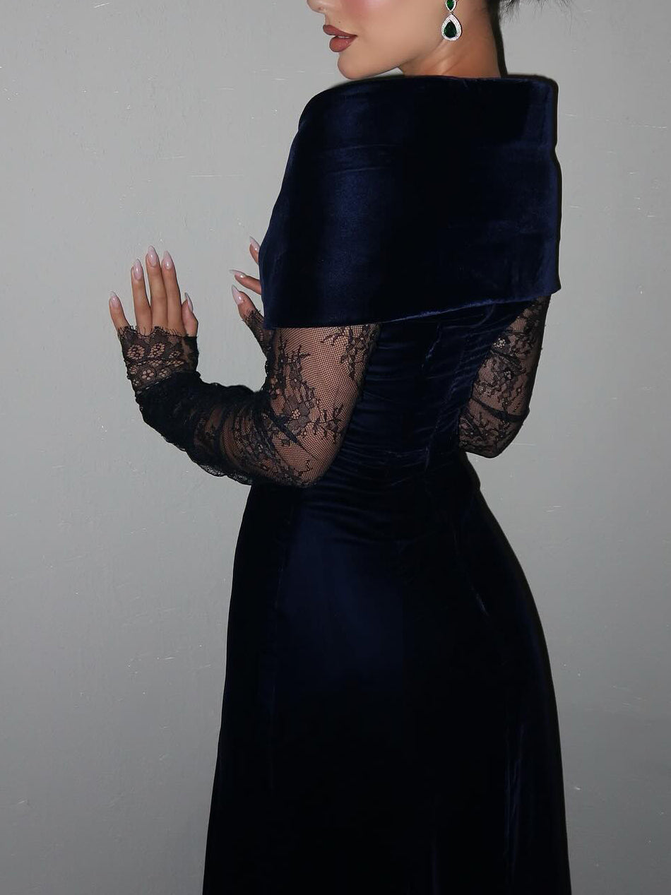 Navy Blue Velvet Lace Long-Sleeve Gown