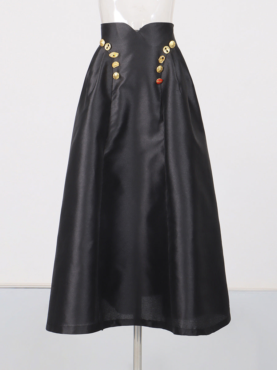Irregularly Shaped Button-decorated Pleated Midi Skirt