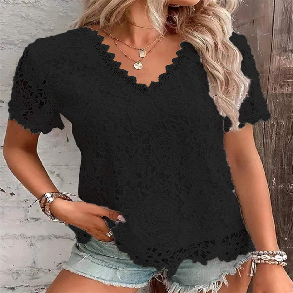 2026 New European And American Women's Fashion Versatile Top Sexy Lace Short Sleeved T-shirt