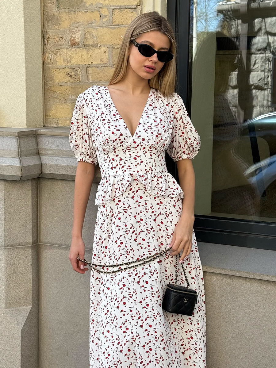 Printed Waist-cinching Puff Sleeve Dress