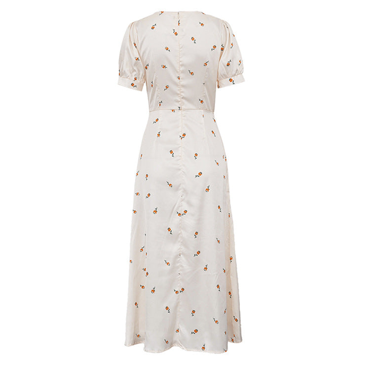Cream Yellow Floral Print Satin Midi Dress