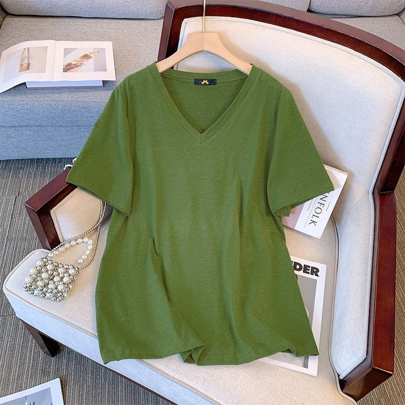 Summer Pure Cotton Short Sleeve T-shirt Top V-neck Loose