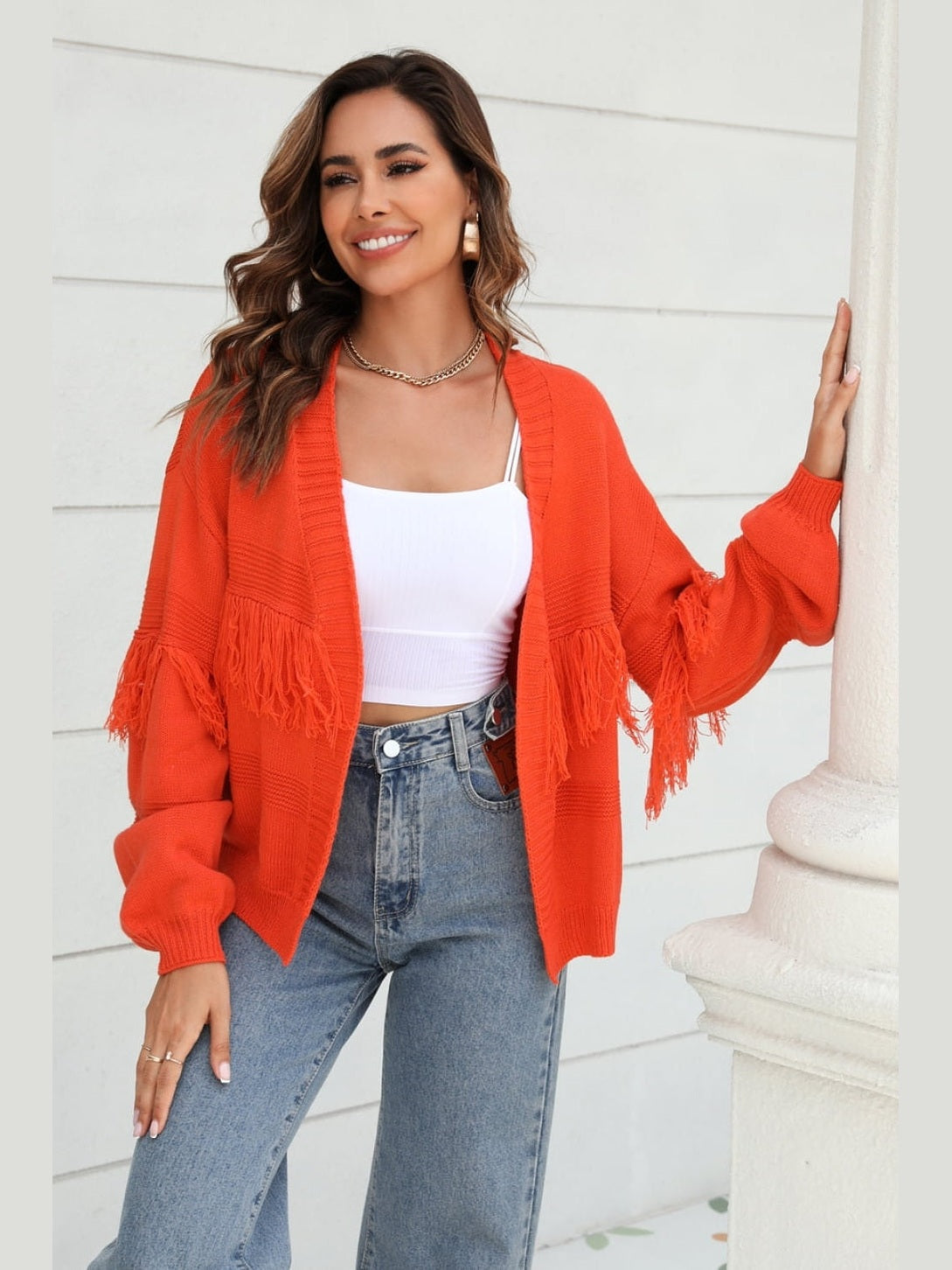 Women Double Take Fringe Trim Open Front Cardigan Sweater