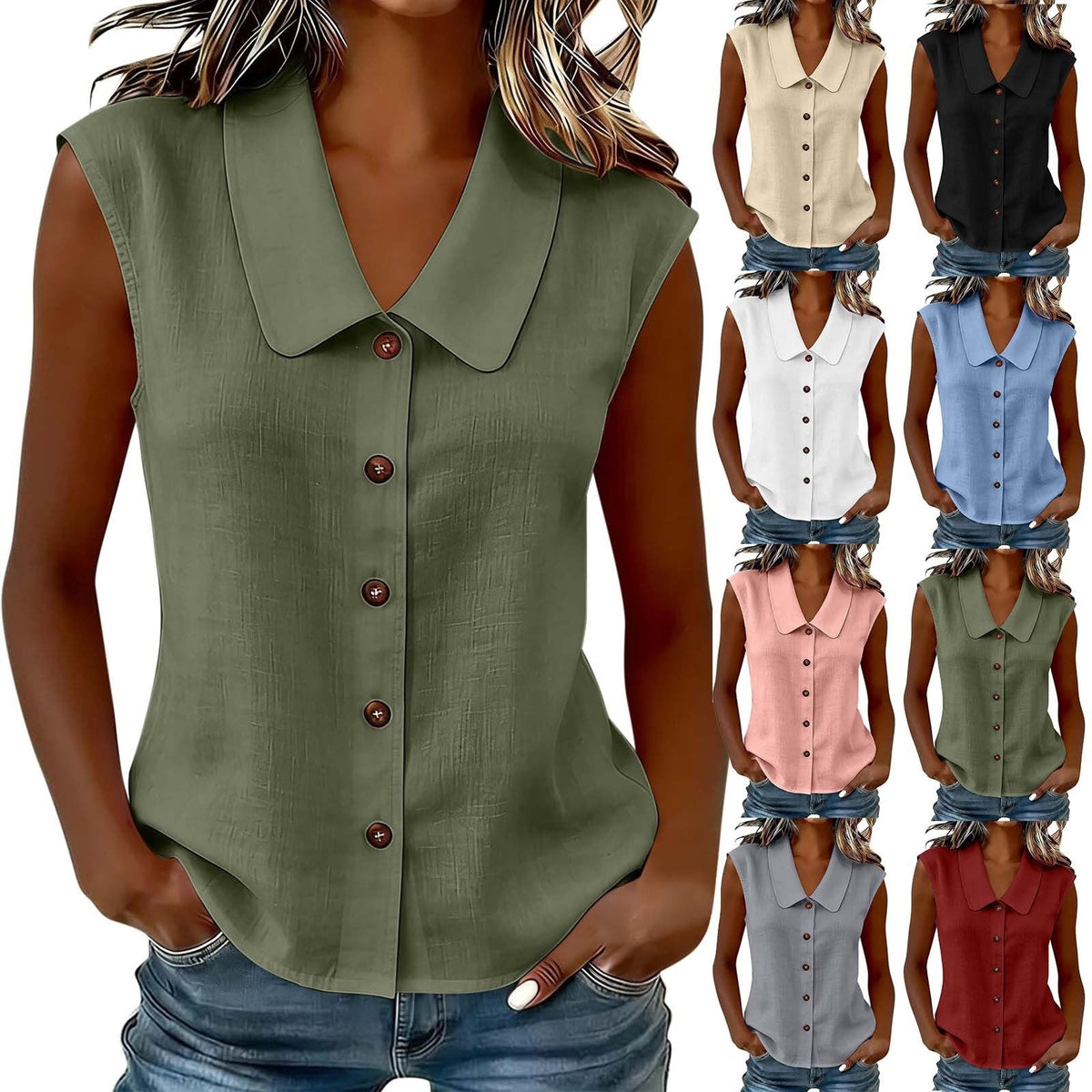 2026 Spring Summer Women S Elegant Business Polo Neck Button Down Blouse Without Sleeves