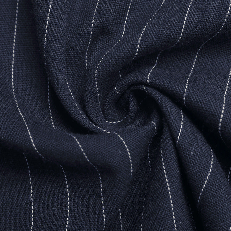 Navy Pinstripe Halter V Neck Button Front Wide Leg Jumpsuit