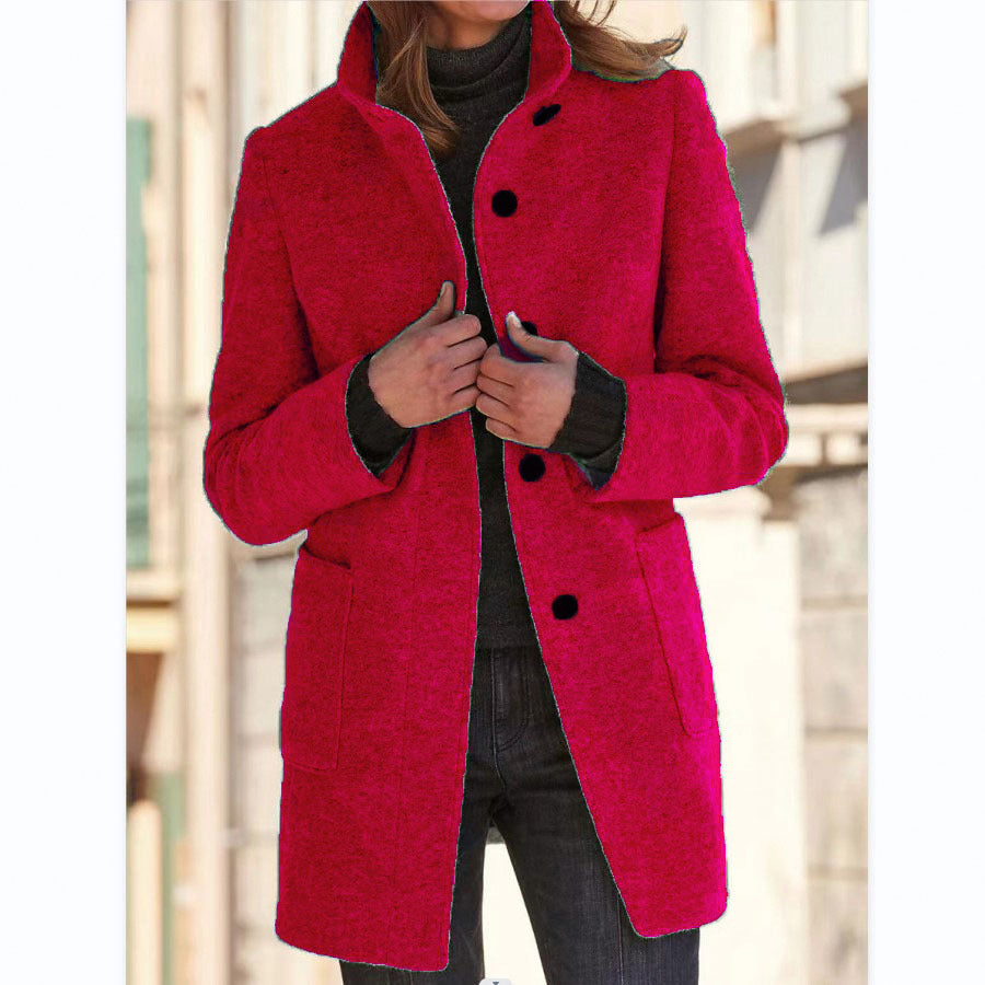 Women's Stand Collar Woolen Coat - Slim Fit Fall and Winter Button Front Trench Coat with Pockets