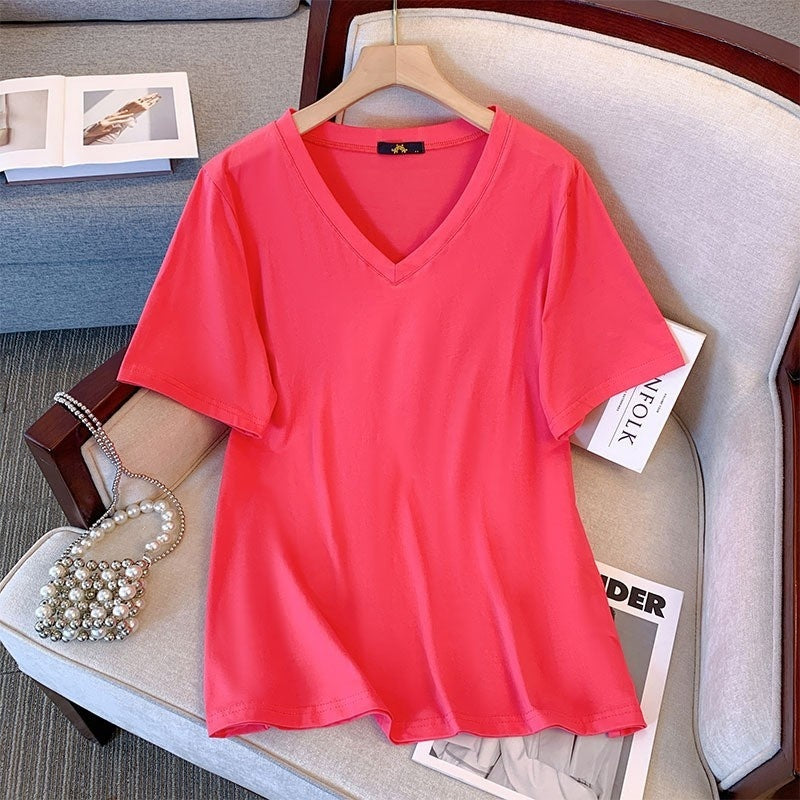 Summer Pure Cotton Short Sleeve T-shirt Top V-neck Loose