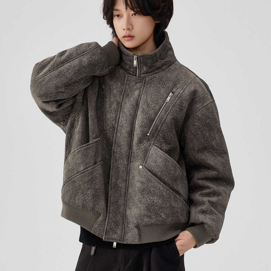 Mens Thick Solid-Color Wool Jacket Short Padded Coat