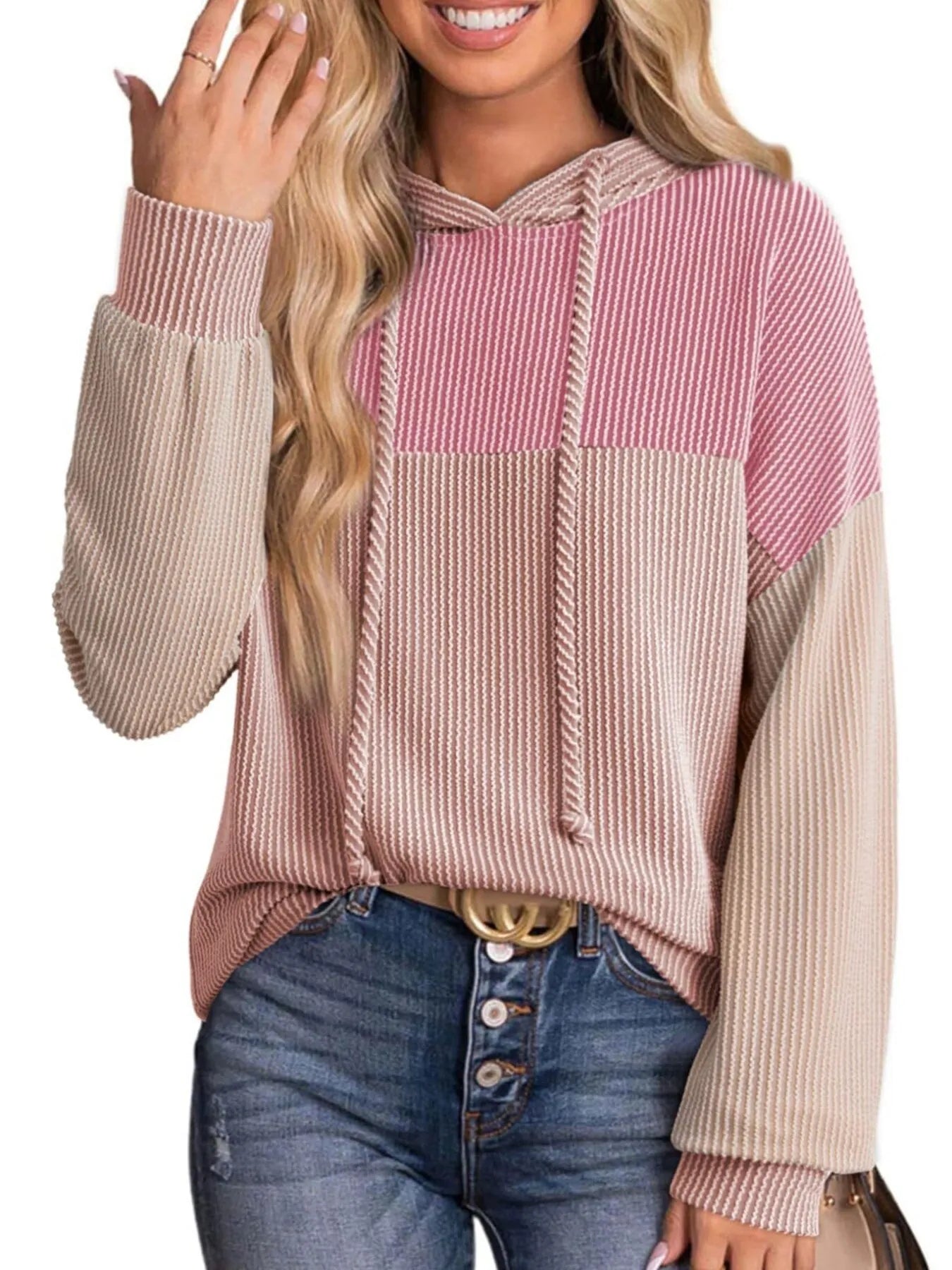 Drawstring Color Block Long Sleeve Hoodie