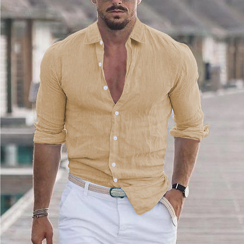 Men's Cotton And Linen Lapel Long Sleeve Solid Color Shirt