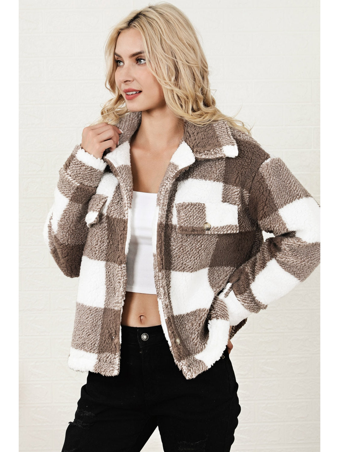 Plaid Collared Neck Drop Shoulder Jacket