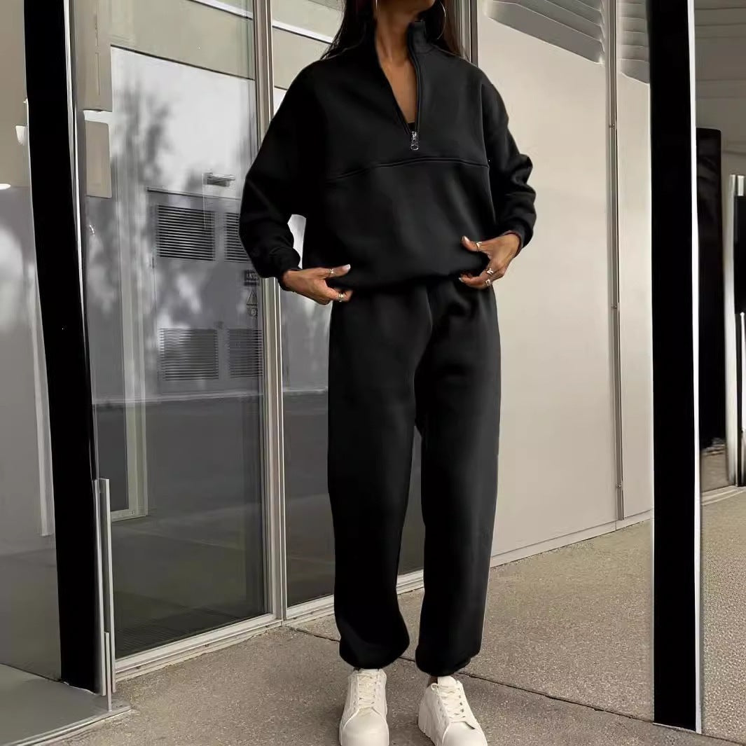 2026 European-style Autumn-Winter New  Stylish Flipping Collar Solid Color Casual Retro Style Set
