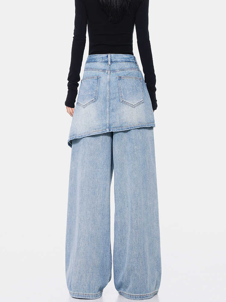 Vintage Blue Washed Fake Two-piece Jeans For Women Ripped Straight Pants