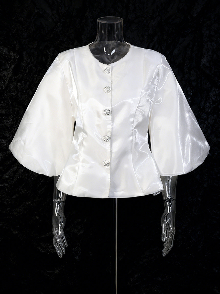 Round Neck Solid Color Single-breasted Lantern Sleeve Shirt
