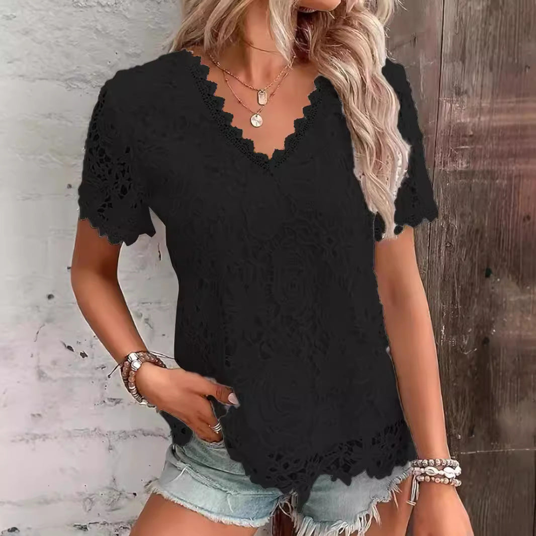 2026 New European And American Women's Fashion Versatile Top Sexy Lace Short Sleeved T-shirt