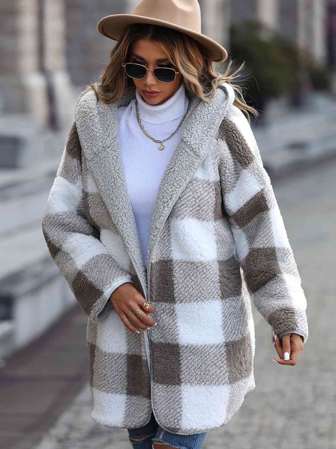 Women Plaid Open Front Hooded Coat