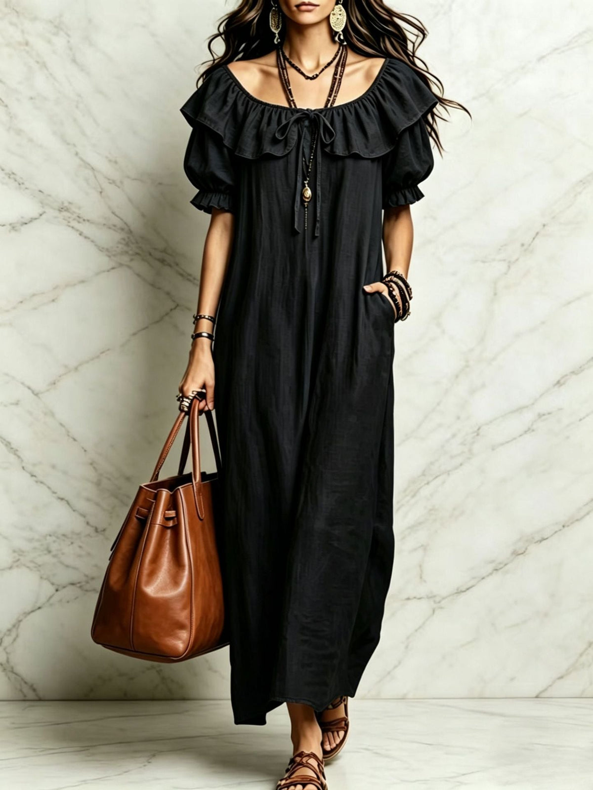 Summer 2026 Women's New Round Neck Ruffled Casual Seaside Vacation Dress From Europe And America