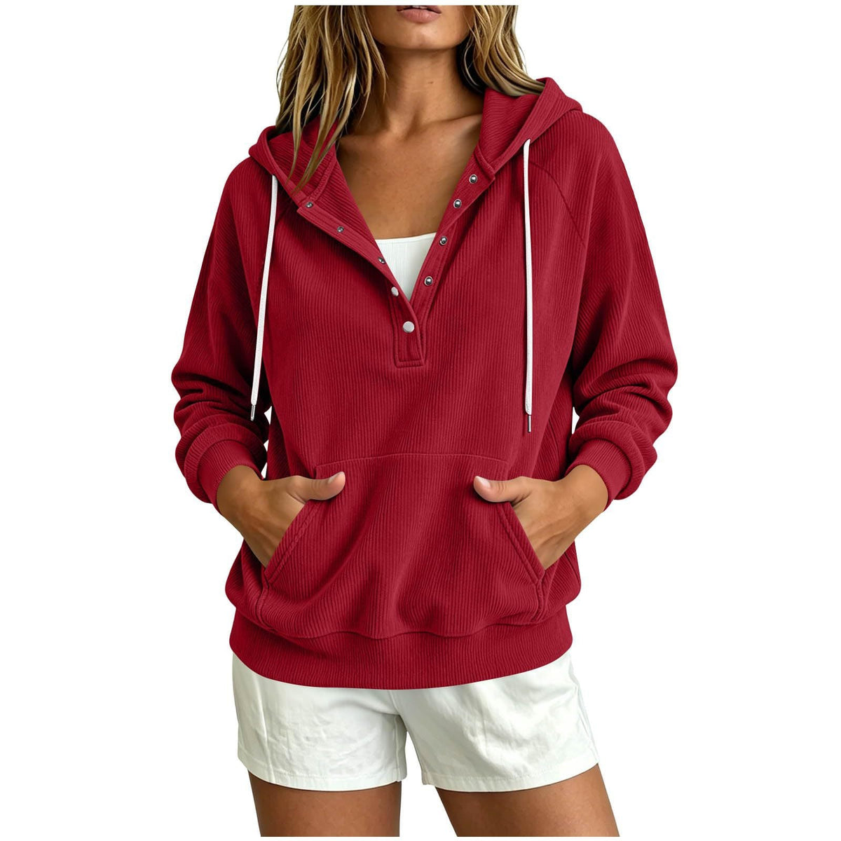 2026 Autumn New Style European Women's Dressy Corduroy Hooded Sweatshirt With Half-Closed Button And Drawstring Loose Top For Women