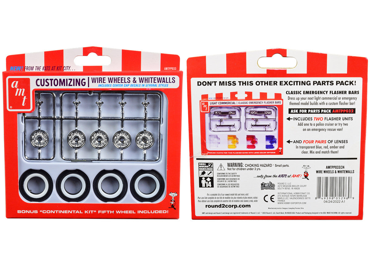 Skill 2 Model Kit Wire Wheels and Whitewall Tires Set of 5 Pieces for 1/25 Scale Models by AMT