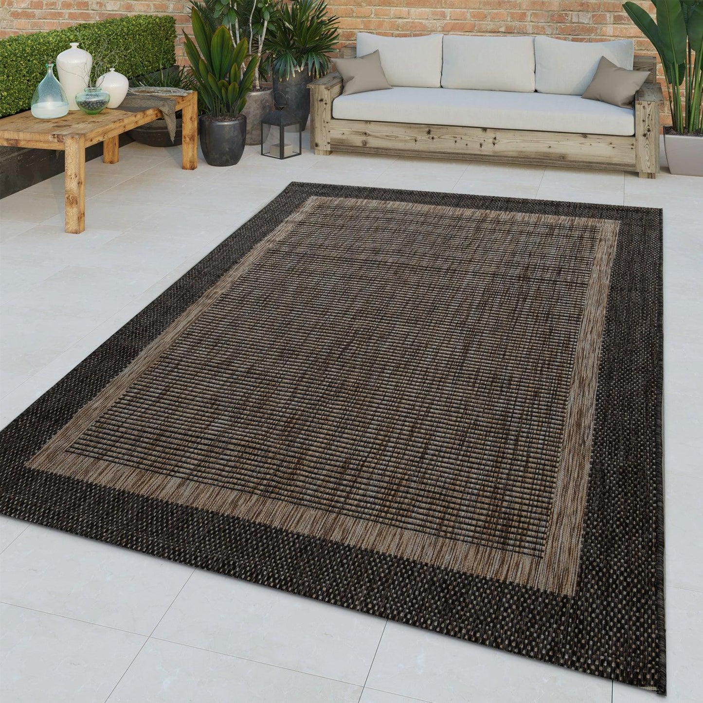 Bordered Outdoor Rug Stilo Rustic Design - Grey Brown