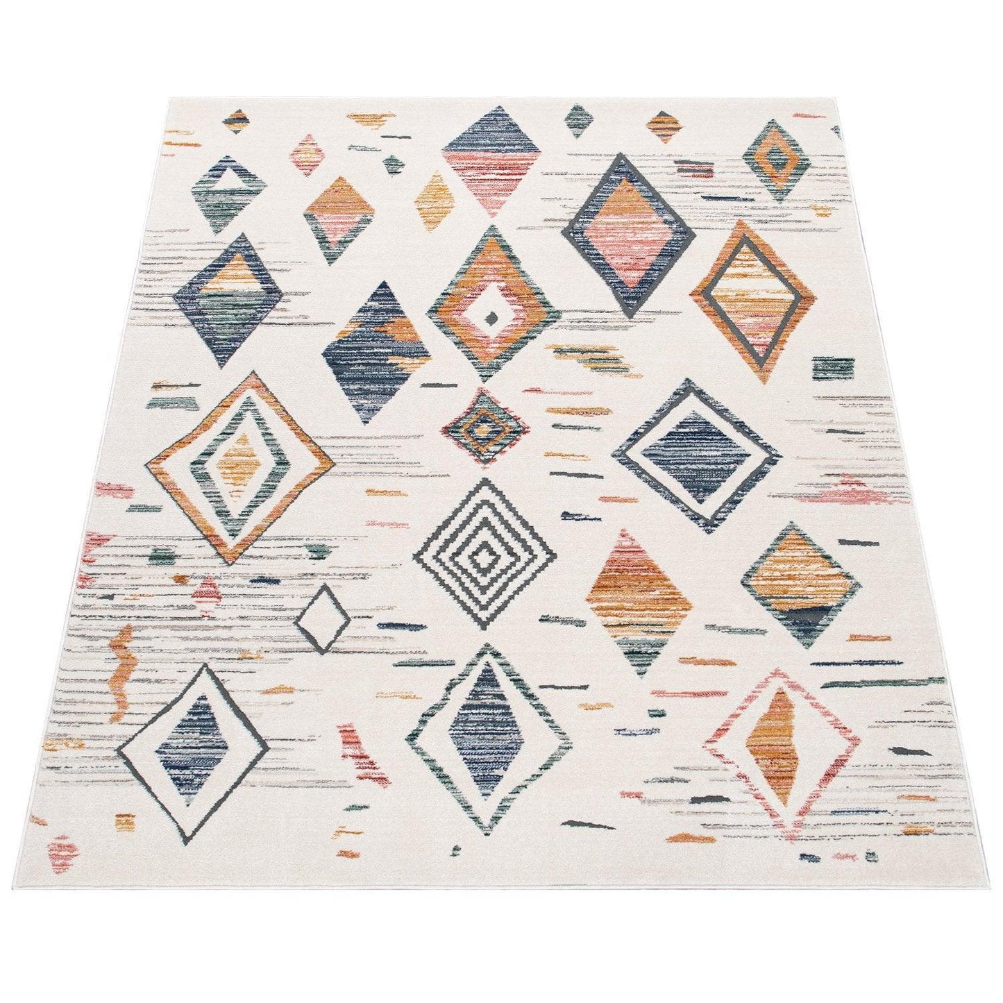 Area Rug Cream Low-Pile Boho Style Colorful Diamond Pattern