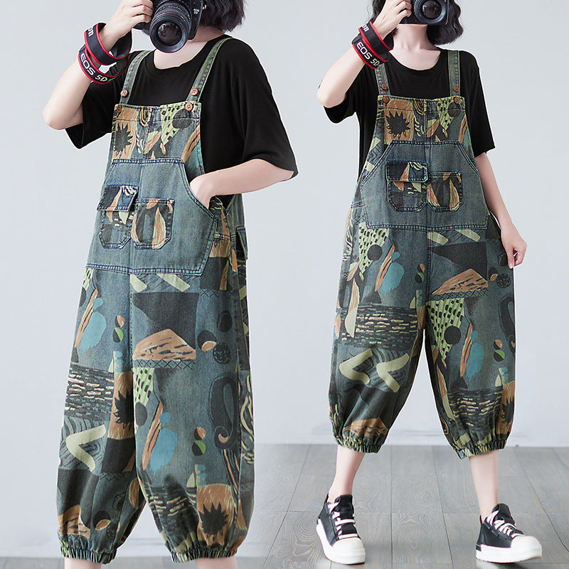 Summer Real Shot Printed Denim Slim Overalls