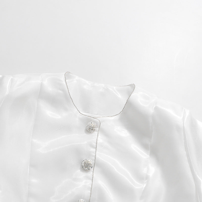 Round Neck Solid Color Single-breasted Lantern Sleeve Shirt