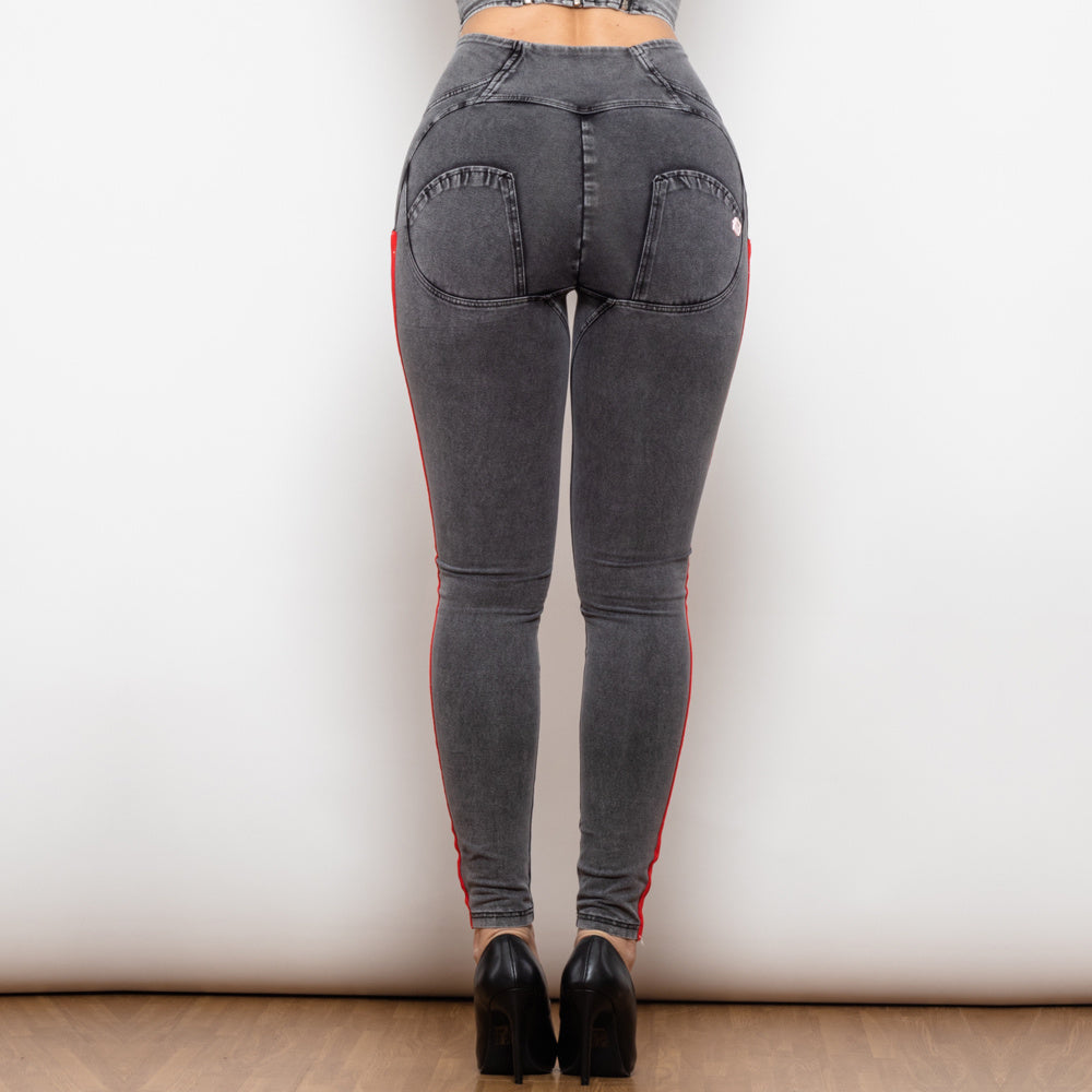 Shascullfites Melody High Waist Dark Thread Grey Jeans With Stripe Jeans Bum Lift Pants Shaping Jeggings Women Pants