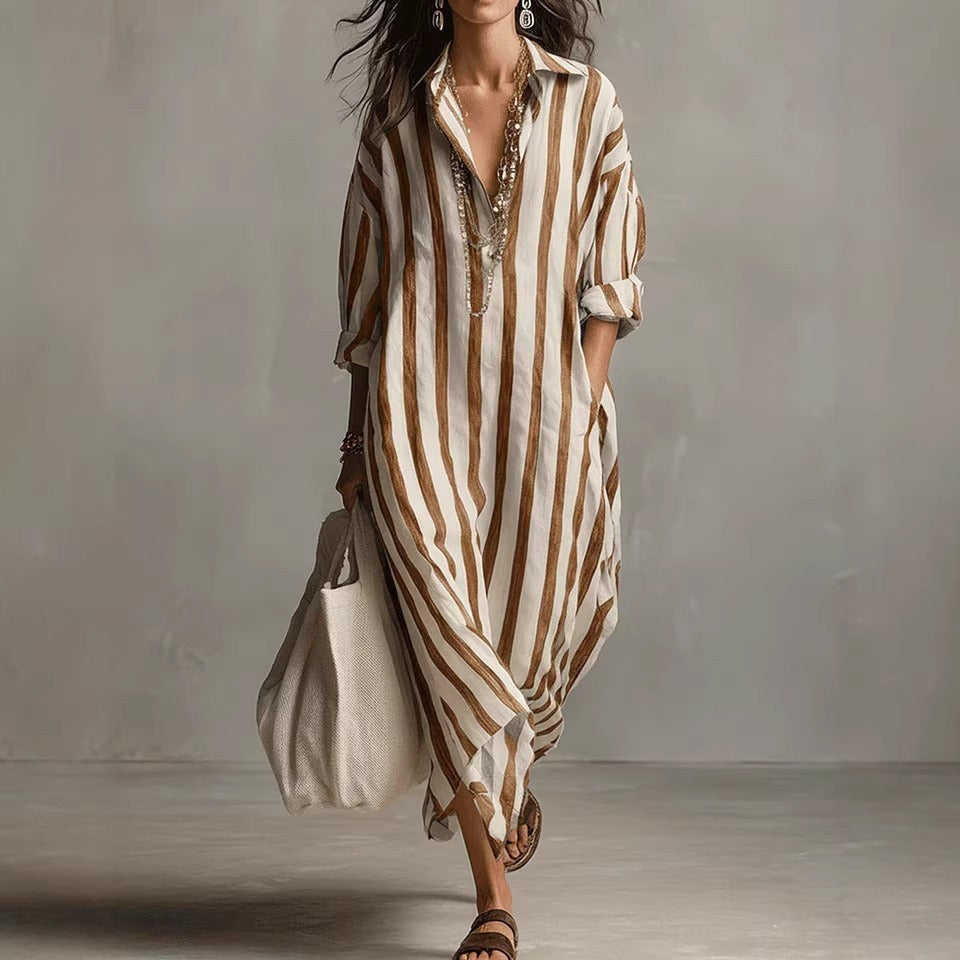 2026 Summer New Arrival, Women's Elegant Long Striped Dress With V-Neck