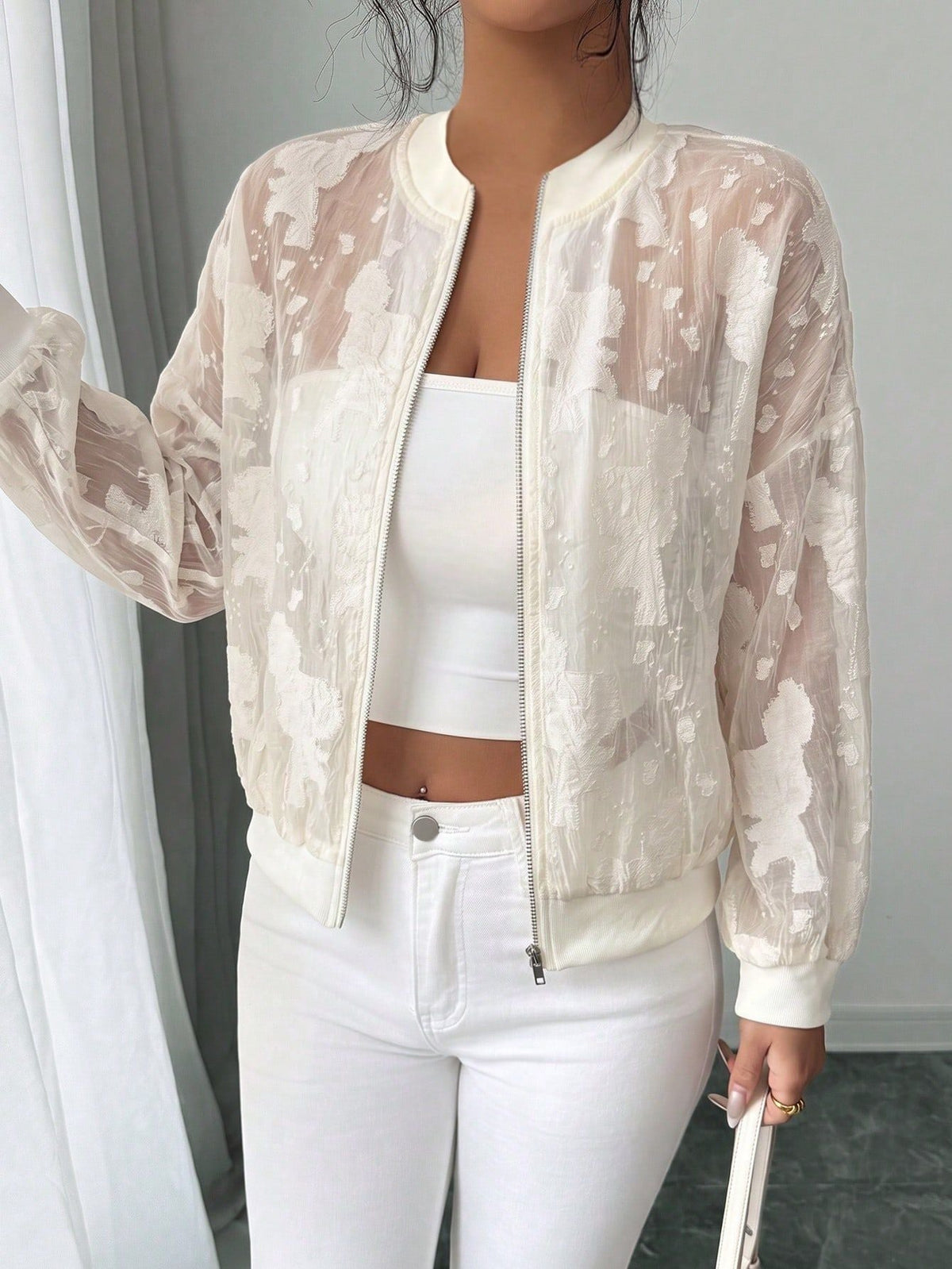 European And American Cross-border 2026 Autumn New Jacquard Jacket Semi-transparent Loose Zipper Rib Collar Cuff Jacket