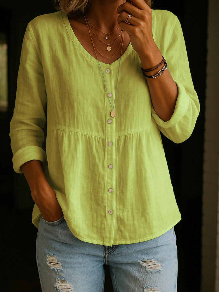 Casual Loose Fashion Cotton And Linen Long Sleeve V-neck Buttons Shirt