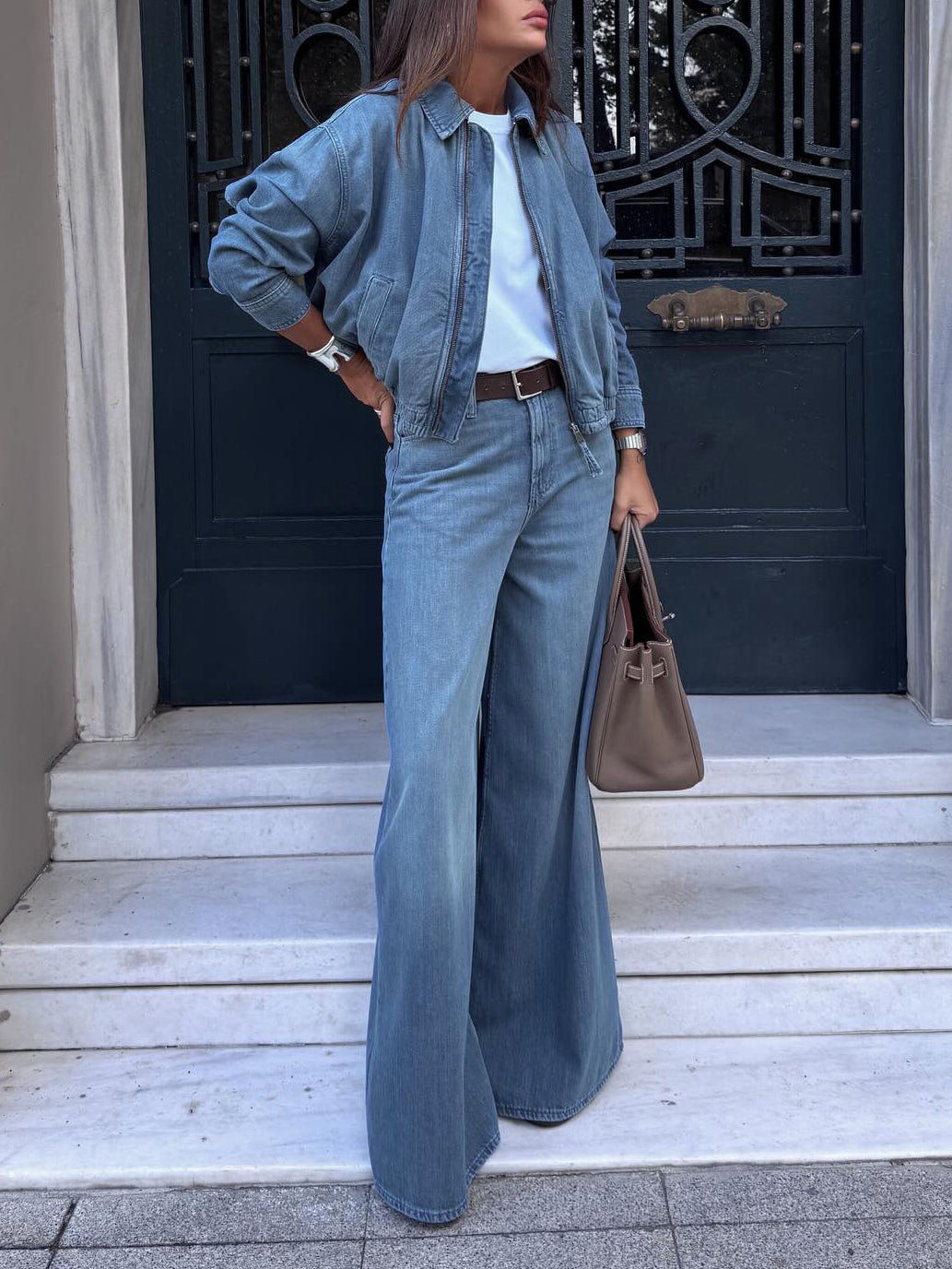 Light Blue Denim Cropped Jacket And Wide-leg Jeans Set