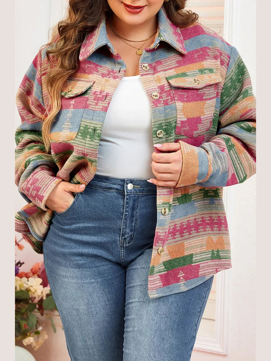 Plus Size Pocketed Printed Collared Neck Jacket