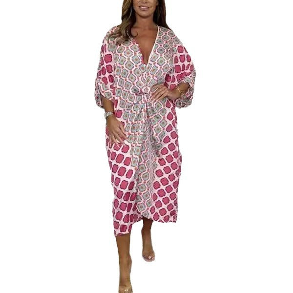 V-neck Printed Plus Size Loose Waist Dress Women