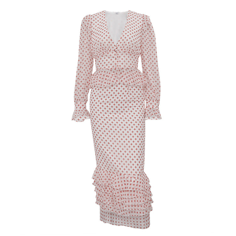 Cross Print Two-Piece Peplum Set