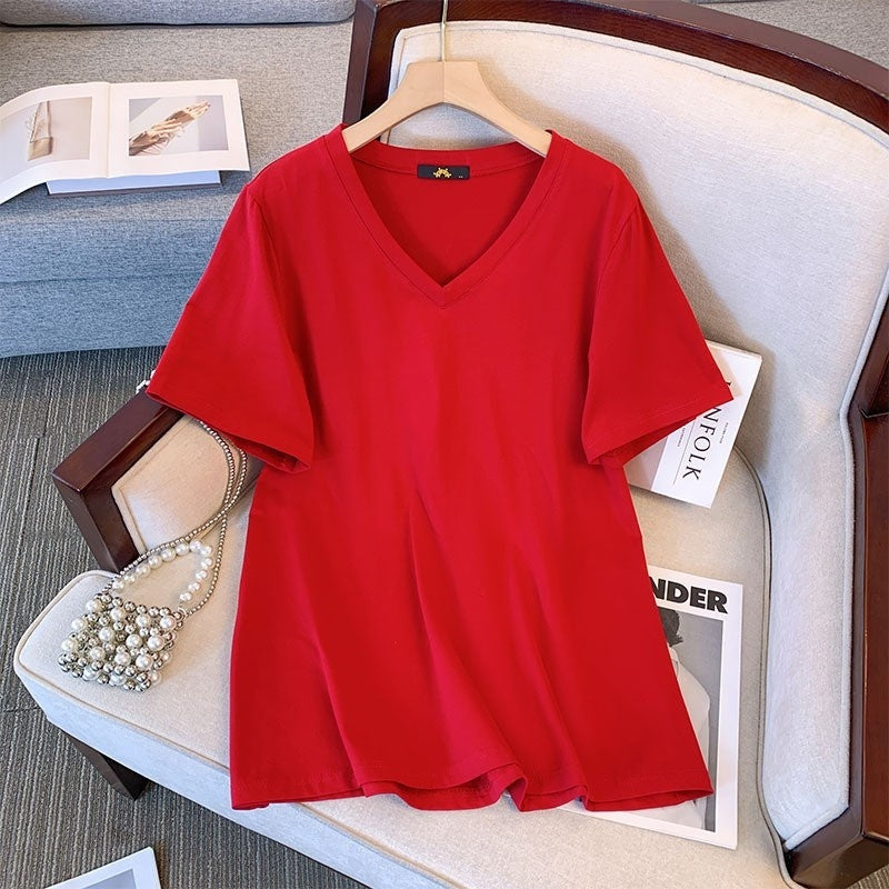 Summer Pure Cotton Short Sleeve T-shirt Top V-neck Loose