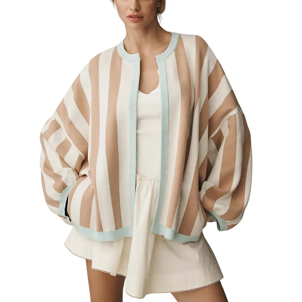 2026 Color Block Striped Plus Size Loose Lantern Sleeve Autumn Winter Thin Sun Protective Cardigan 2026 Autumn New Product
