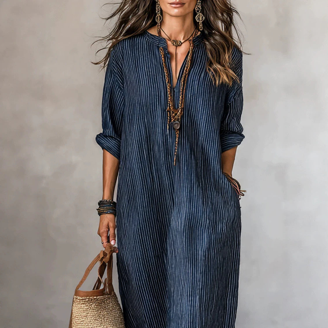 Fashionable V-neck Striped Loose-fit Dress