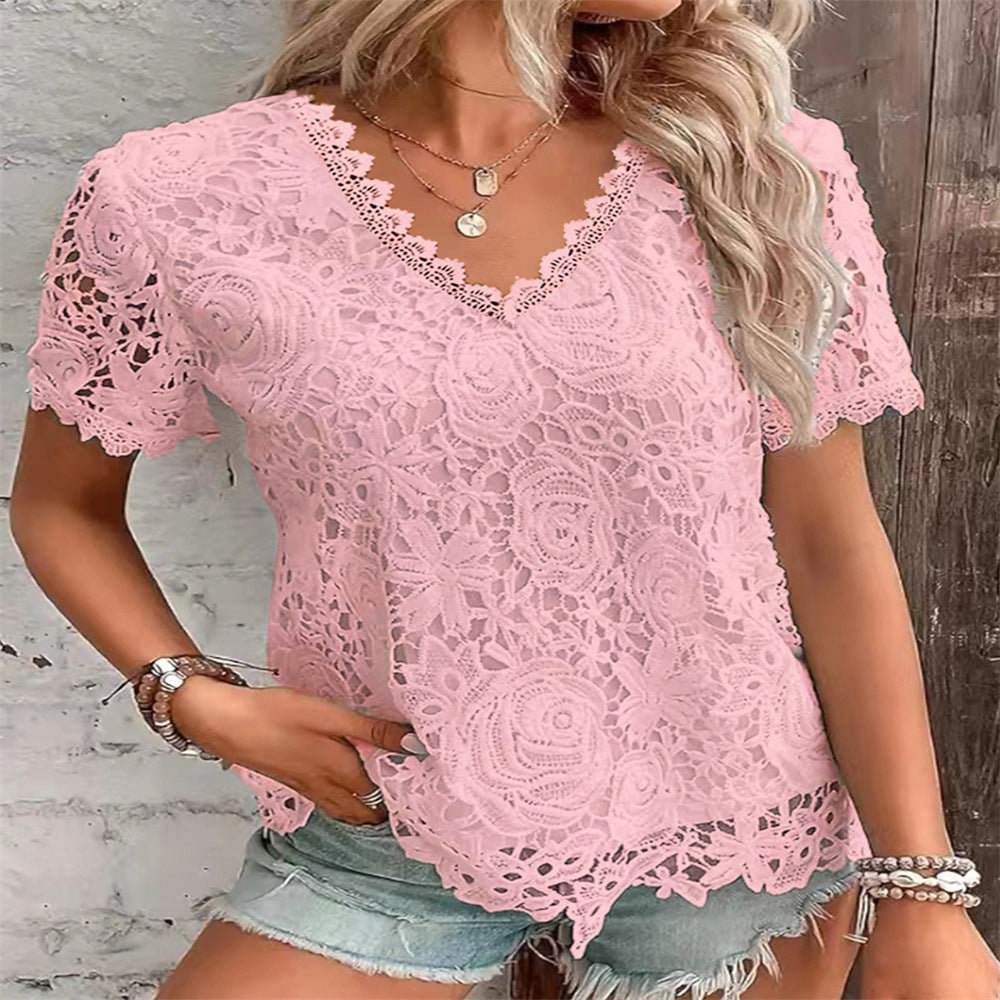 2026 New European And American Women's Fashion Versatile Top Sexy Lace Short Sleeved T-shirt