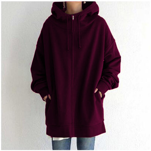 Zipper Hooded Long Plus Fleece Sweatshirt