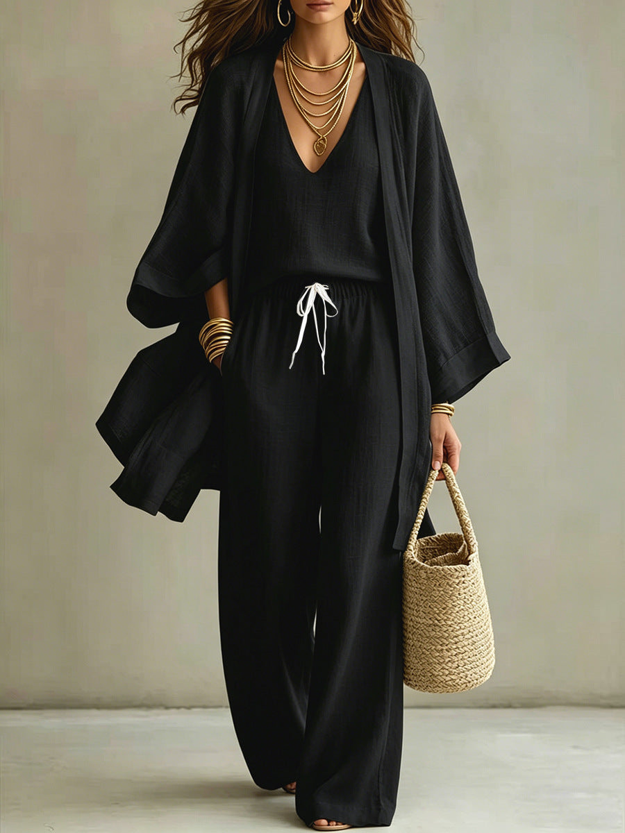 Womens Casual Three-piece Set Nine-quarter-sleeve Cardigan Sleeveless Vest And Long Pants
