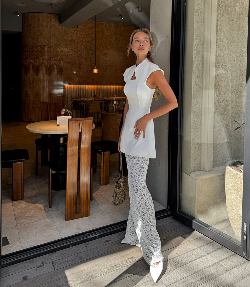 Commuter-appropriate Two-piece Set- Irregular Strapless Top And White Lace Skirt