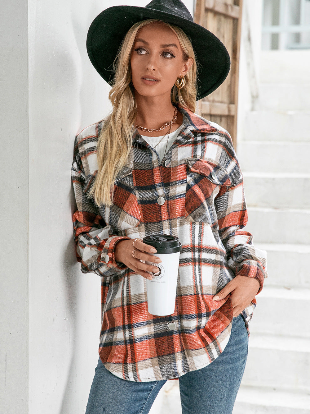 Women Ivy Lane Meet You Outside Plaid Button Down Curved Hem Shacket